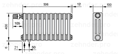 Схема (чертеж) Радиатор Zehnder Charleston 3040/11 №V001 Белый глянцевый RAL 9016
